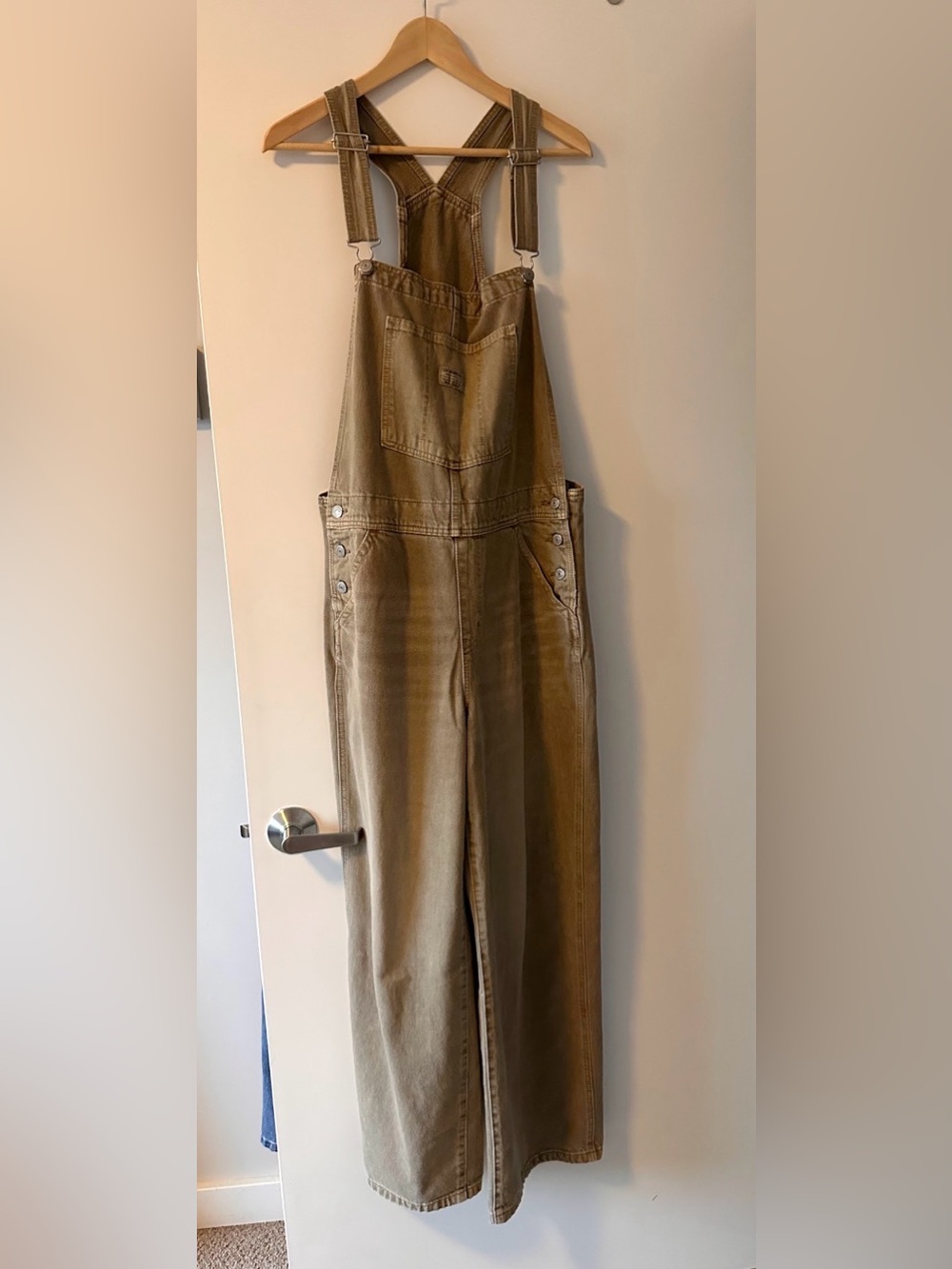 Women’s New Khaki Brown Denim Overalls L
